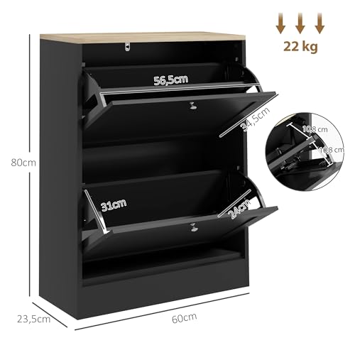 HOMCOM 12 Pairs Shoe Cabinet Narrow Modern Shoe Cabinet with 2 Folding Drawers and Adjustable Shelves for Hallway and Entryway, 60 x 23.5 x 80 cm, Black - Image 9