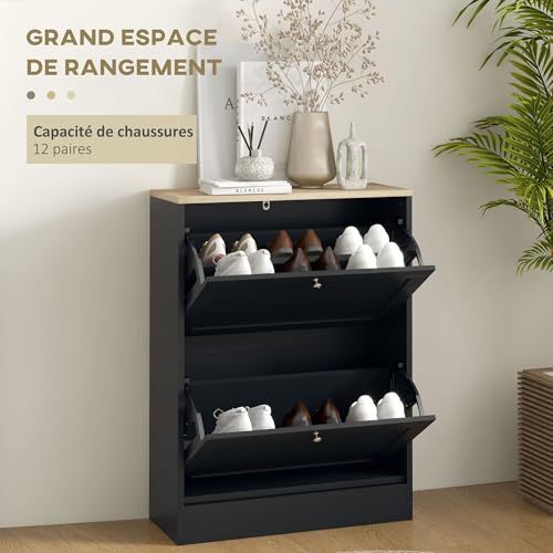 HOMCOM 12 Pairs Shoe Cabinet Narrow Modern Shoe Cabinet with 2 Folding Drawers and Adjustable Shelves for Hallway and Entryway, 60 x 23.5 x 80 cm, Black - Image 10