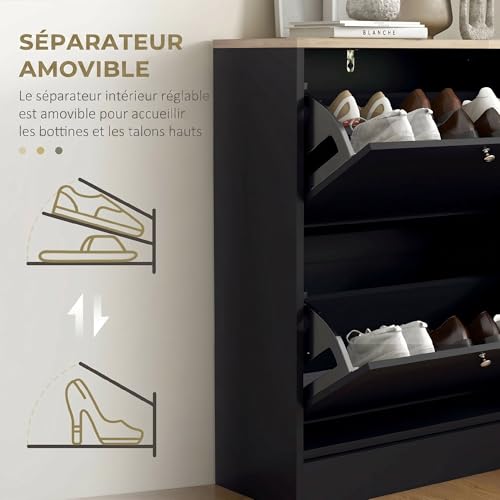 HOMCOM 12 Pairs Shoe Cabinet Narrow Modern Shoe Cabinet with 2 Folding Drawers and Adjustable Shelves for Hallway and Entryway, 60 x 23.5 x 80 cm, Black - Image 12