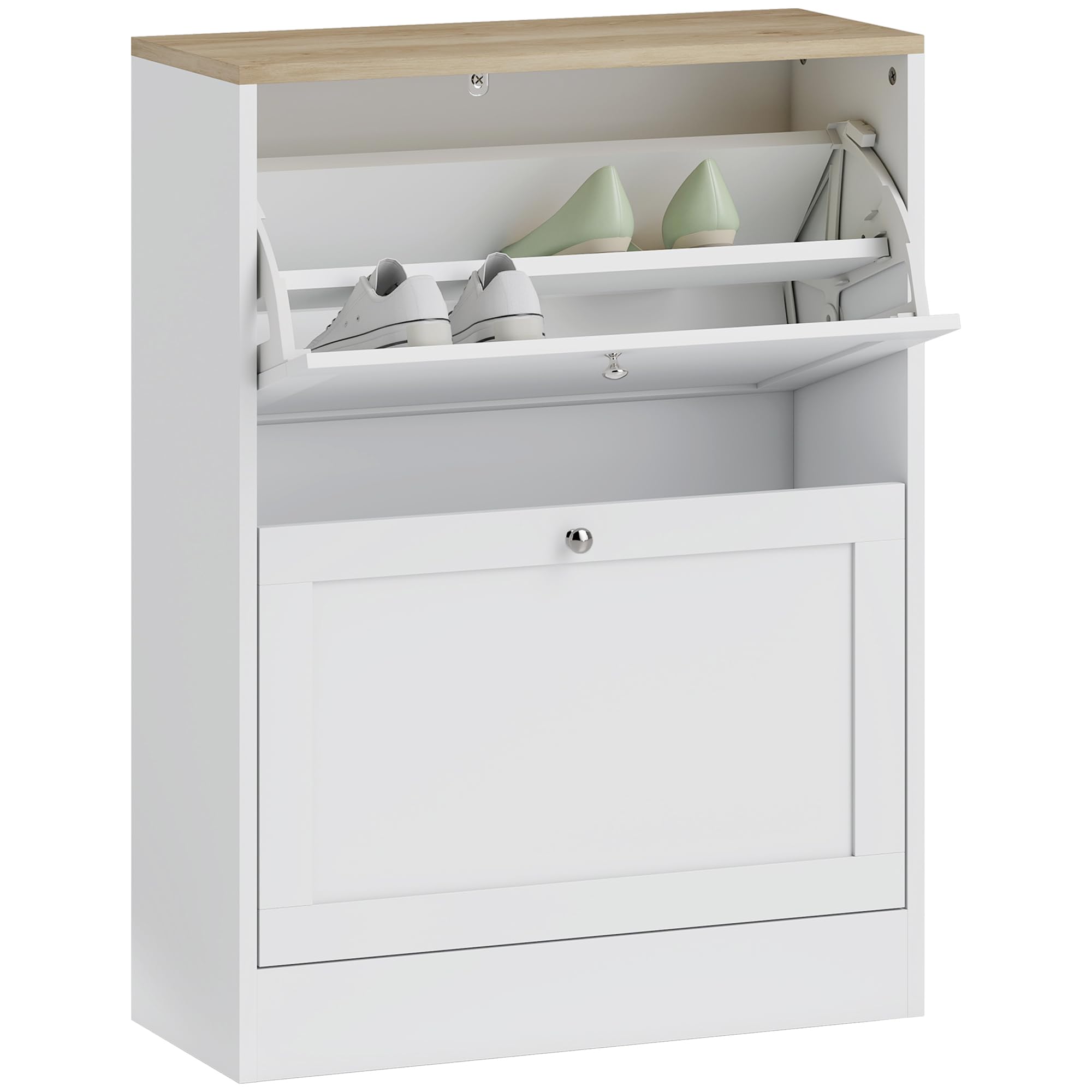 HOMCOM 12 Pairs Shoe Cabinet Narrow Modern Shoe Cabinet with 2 Folding Drawers and Adjustable Shelves for Hallway and Entryway, 60 x 23.5 x 80 cm, White - Image 1