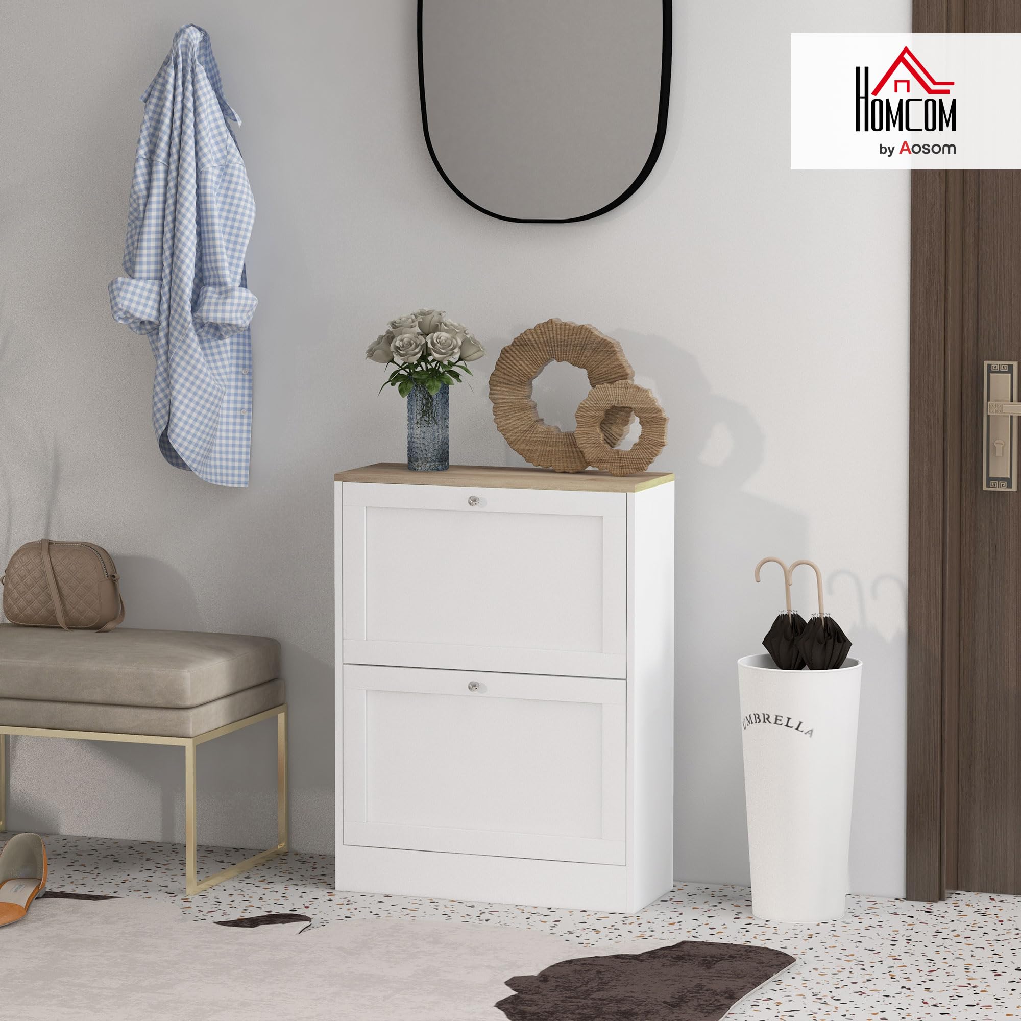 HOMCOM 12 Pairs Shoe Cabinet Narrow Modern Shoe Cabinet with 2 Folding Drawers and Adjustable Shelves for Hallway and Entryway, 60 x 23.5 x 80 cm, White - Image 2