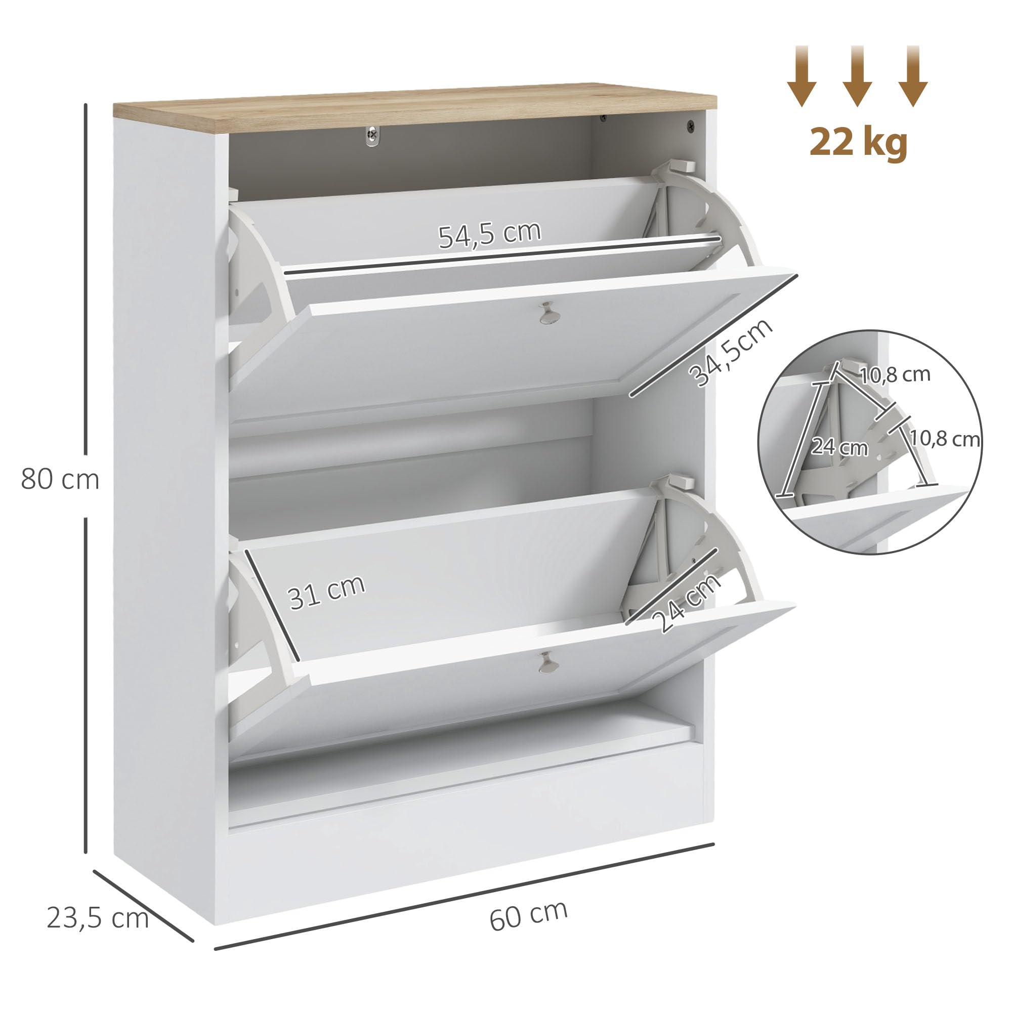 HOMCOM 12 Pairs Shoe Cabinet Narrow Modern Shoe Cabinet with 2 Folding Drawers and Adjustable Shelves for Hallway and Entryway, 60 x 23.5 x 80 cm, White - Image 3