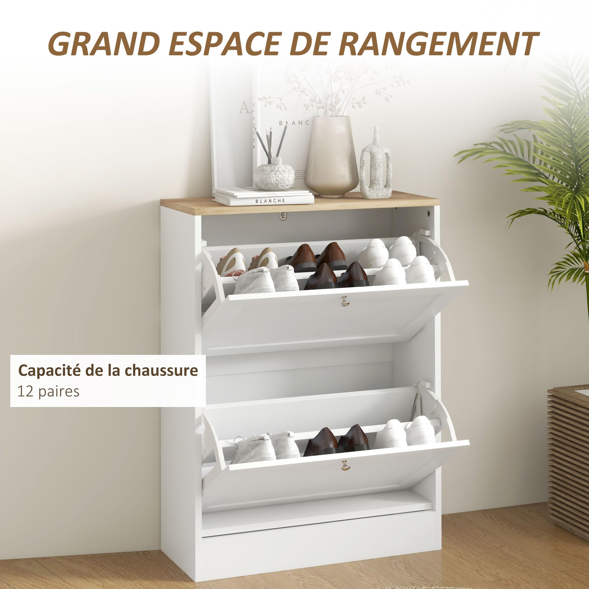 HOMCOM 12 Pairs Shoe Cabinet Narrow Modern Shoe Cabinet with 2 Folding Drawers and Adjustable Shelves for Hallway and Entryway, 60 x 23.5 x 80 cm, White - Image 4