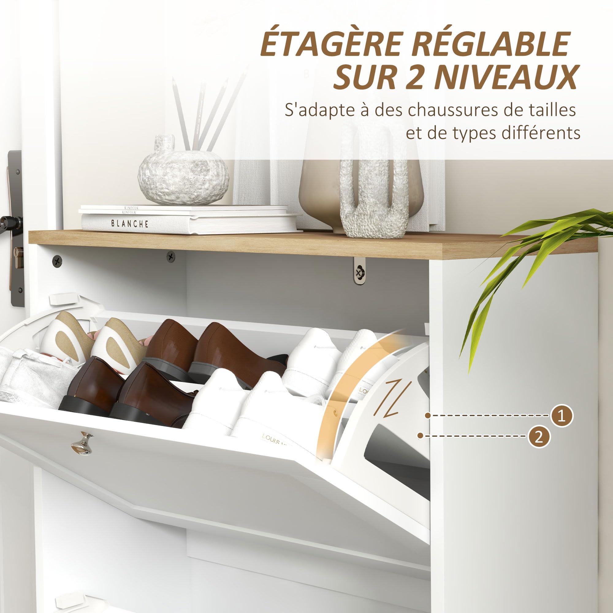 HOMCOM 12 Pairs Shoe Cabinet Narrow Modern Shoe Cabinet with 2 Folding Drawers and Adjustable Shelves for Hallway and Entryway, 60 x 23.5 x 80 cm, White - Image 5