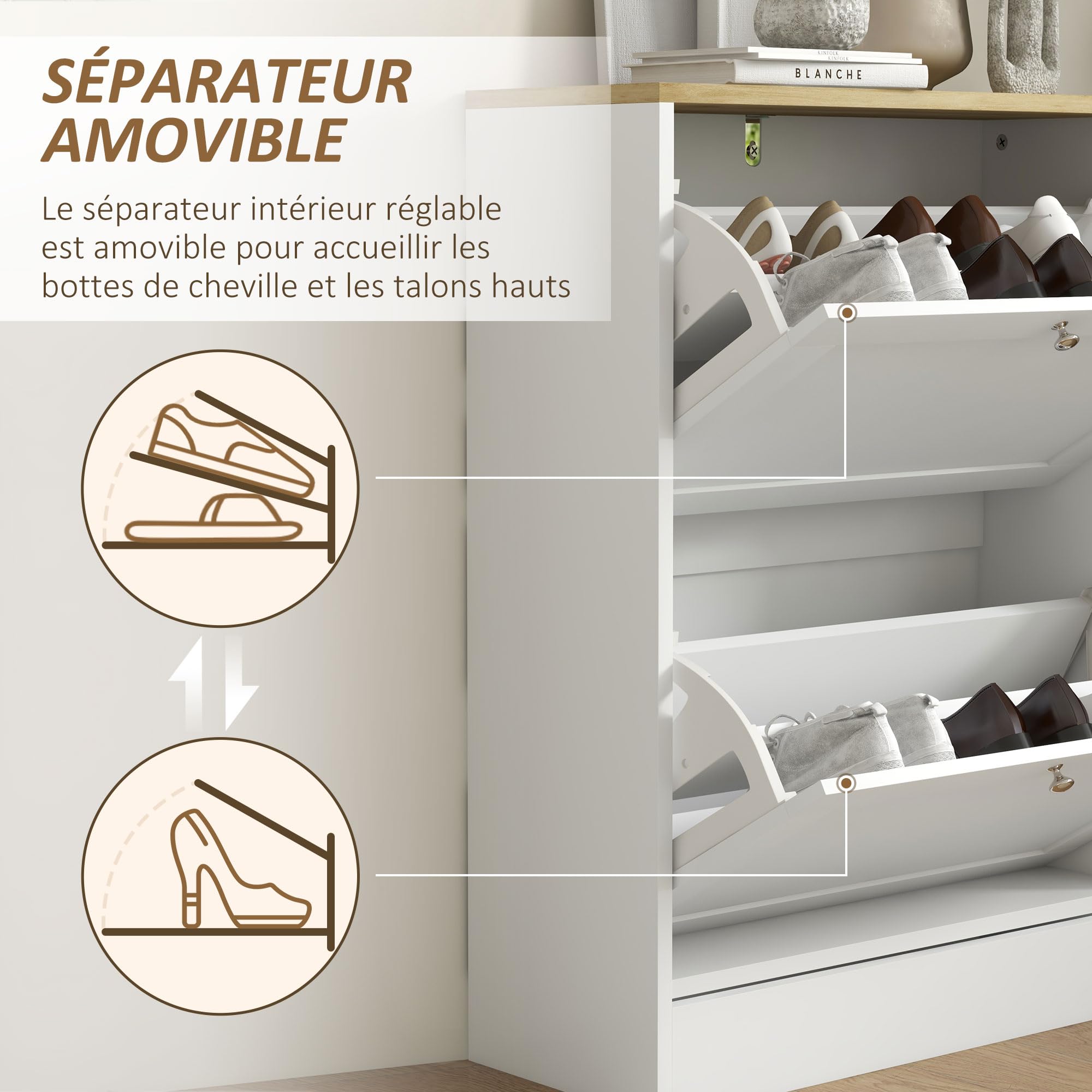HOMCOM 12 Pairs Shoe Cabinet Narrow Modern Shoe Cabinet with 2 Folding Drawers and Adjustable Shelves for Hallway and Entryway, 60 x 23.5 x 80 cm, White - Image 6
