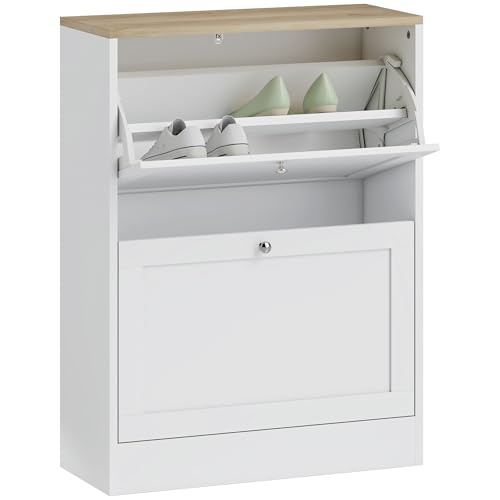 HOMCOM 12 Pairs Shoe Cabinet Narrow Modern Shoe Cabinet with 2 Folding Drawers and Adjustable Shelves for Hallway and Entryway, 60 x 23.5 x 80 cm, White - Image 8