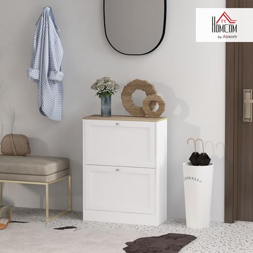 HOMCOM 12 Pairs Shoe Cabinet Narrow Modern Shoe Cabinet with 2 Folding Drawers and Adjustable Shelves for Hallway and Entryway, 60 x 23.5 x 80 cm, White - Image 9