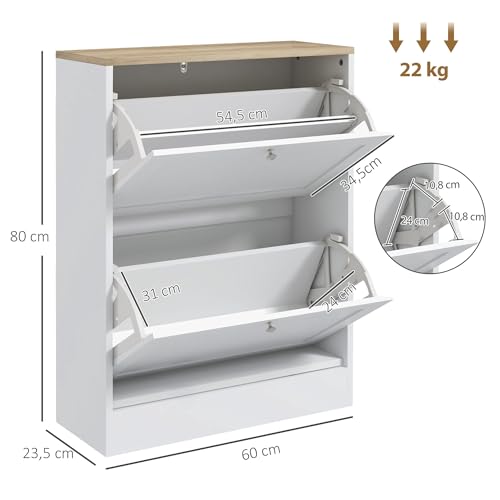 HOMCOM 12 Pairs Shoe Cabinet Narrow Modern Shoe Cabinet with 2 Folding Drawers and Adjustable Shelves for Hallway and Entryway, 60 x 23.5 x 80 cm, White - Image 10