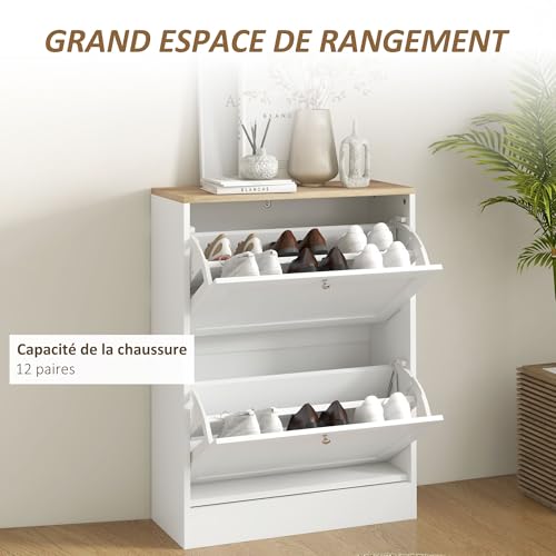 HOMCOM 12 Pairs Shoe Cabinet Narrow Modern Shoe Cabinet with 2 Folding Drawers and Adjustable Shelves for Hallway and Entryway, 60 x 23.5 x 80 cm, White - Image 11