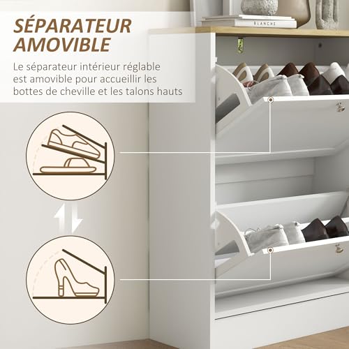 HOMCOM 12 Pairs Shoe Cabinet Narrow Modern Shoe Cabinet with 2 Folding Drawers and Adjustable Shelves for Hallway and Entryway, 60 x 23.5 x 80 cm, White - Image 13