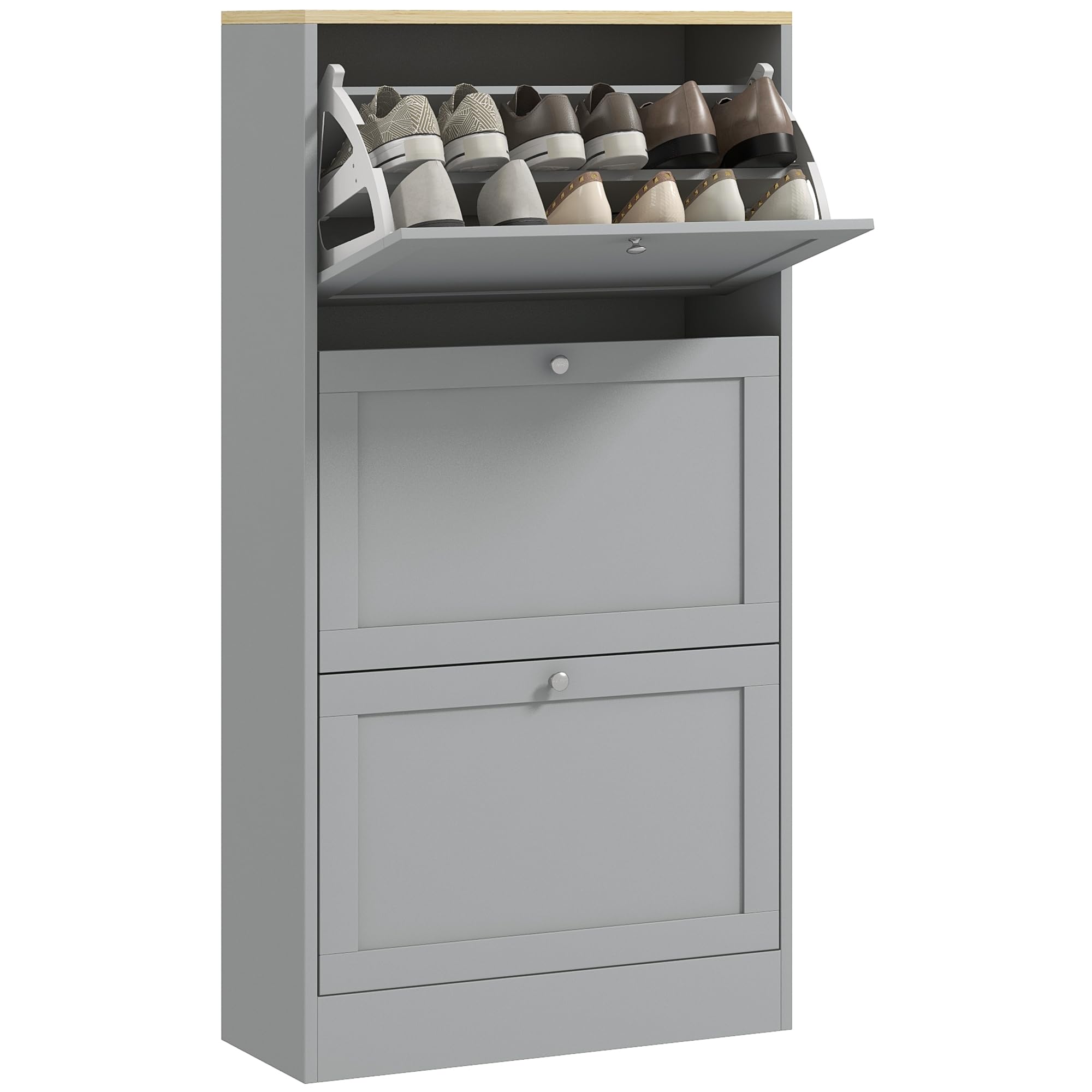 HOMCOM 18 Pairs Modern Narrow Shoe Cabinet with 3 Folding Drawers and Adjustable Shelves for Hallway and Entryway, 60 x 23.5 x 115 cm, Grey - Image 1