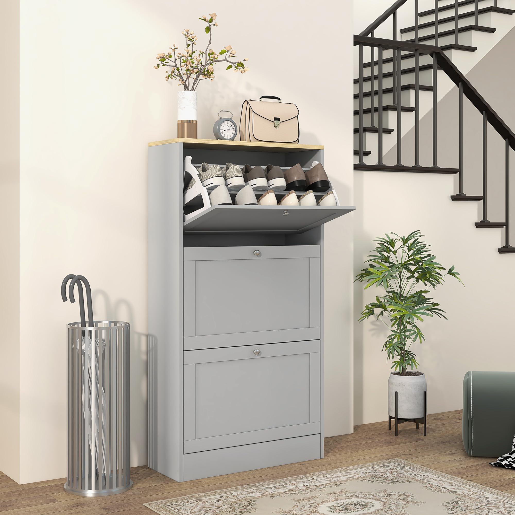HOMCOM 18 Pairs Modern Narrow Shoe Cabinet with 3 Folding Drawers and Adjustable Shelves for Hallway and Entryway, 60 x 23.5 x 115 cm, Grey - Image 2