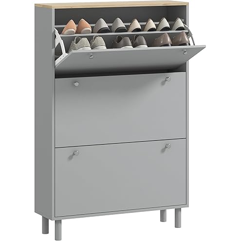 HOMCOM 18 Pairs Modern Narrow Shoe Cabinet with 3 Folding Drawers and Adjustable Shelves for Hallway and Entryway, 60 x 23.5 x 115 cm, Grey - Image 6