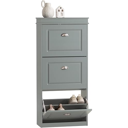 HOMCOM 18 Pairs Modern Narrow Shoe Cabinet with 3 Folding Drawers and Adjustable Shelves for Hallway and Entryway, 60 x 23.5 x 115 cm, Grey - Image 7