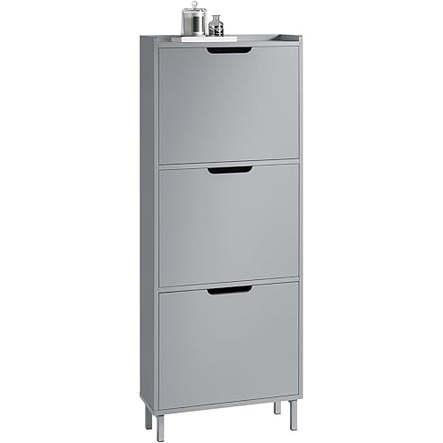 HOMCOM 18 Pairs Modern Narrow Shoe Cabinet with 3 Folding Drawers and Adjustable Shelves for Hallway and Entryway, 60 x 23.5 x 115 cm, Grey - Image 9