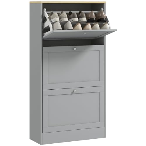 HOMCOM 18 Pairs Modern Narrow Shoe Cabinet with 3 Folding Drawers and Adjustable Shelves for Hallway and Entryway, 60 x 23.5 x 115 cm, Grey - Image 11