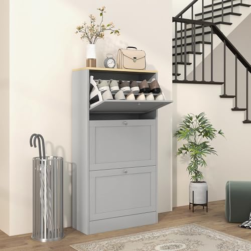 HOMCOM 18 Pairs Modern Narrow Shoe Cabinet with 3 Folding Drawers and Adjustable Shelves for Hallway and Entryway, 60 x 23.5 x 115 cm, Grey - Image 12
