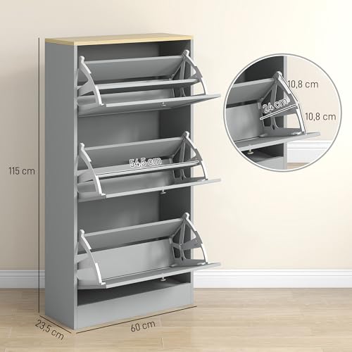 HOMCOM 18 Pairs Modern Narrow Shoe Cabinet with 3 Folding Drawers and Adjustable Shelves for Hallway and Entryway, 60 x 23.5 x 115 cm, Grey - Image 13