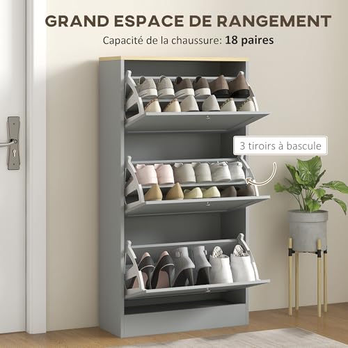 HOMCOM 18 Pairs Modern Narrow Shoe Cabinet with 3 Folding Drawers and Adjustable Shelves for Hallway and Entryway, 60 x 23.5 x 115 cm, Grey - Image 14