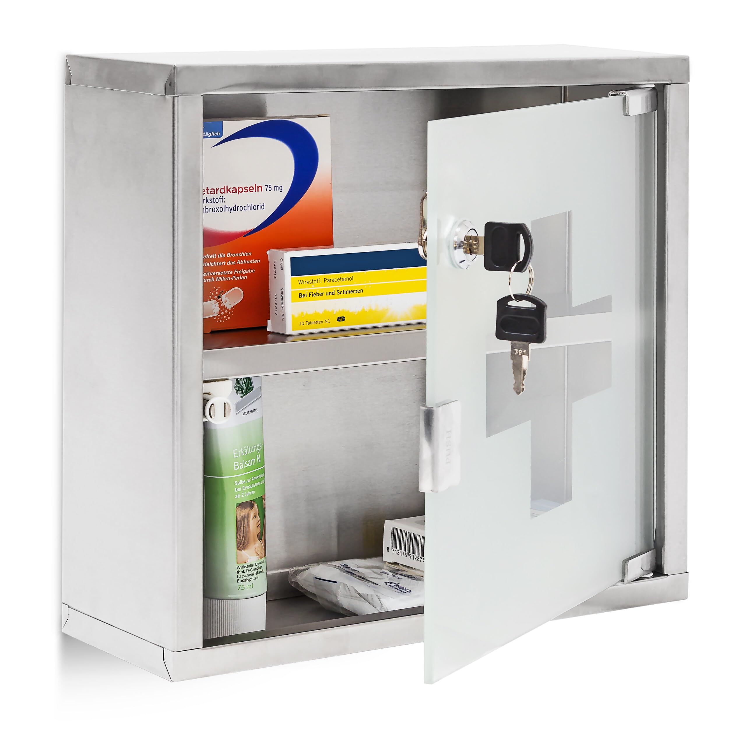 Relaxdays Emergency Medicine Cabinet Stainless Steel Glass Door Storage H x W x D: 30 x 30 12 cm Modern Remedies Bathroom Grey - Image 1