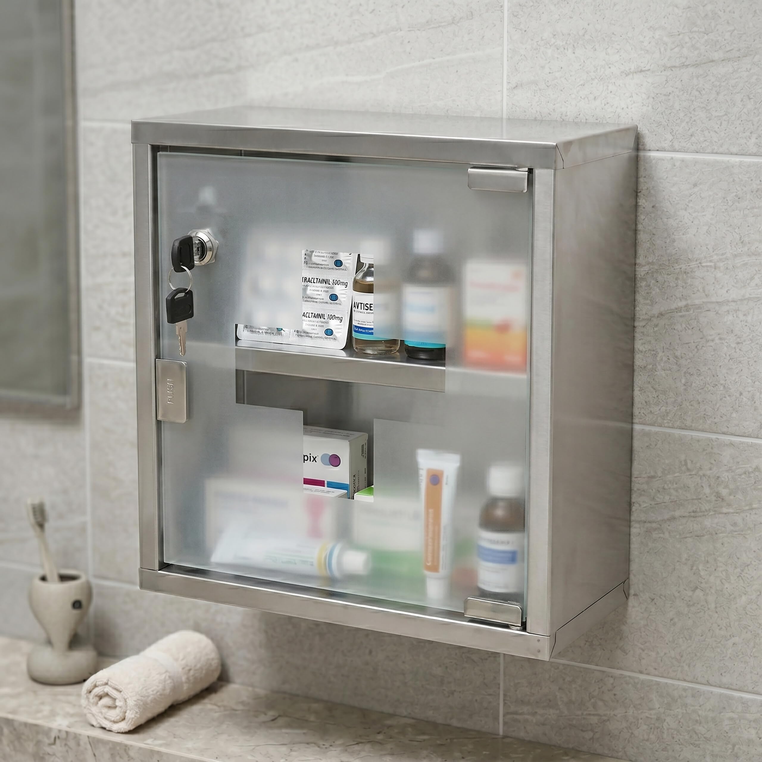 Relaxdays Emergency Medicine Cabinet Stainless Steel Glass Door Storage H x W x D: 30 x 30 12 cm Modern Remedies Bathroom Grey - Image 2