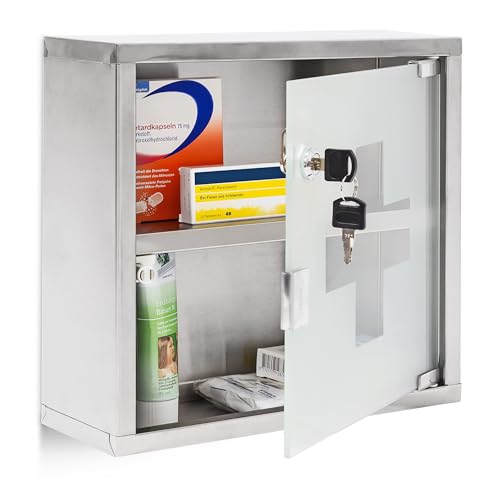 Relaxdays Emergency Medicine Cabinet Stainless Steel Glass Door Storage H x W x D: 30 x 30 12 cm Modern Remedies Bathroom Grey - Image 7