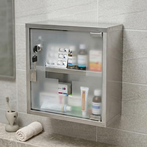 Relaxdays Emergency Medicine Cabinet Stainless Steel Glass Door Storage H x W x D: 30 x 30 12 cm Modern Remedies Bathroom Grey - Image 8