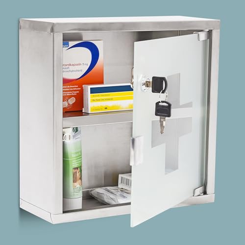 Relaxdays Emergency Medicine Cabinet Stainless Steel Glass Door Storage H x W x D: 30 x 30 12 cm Modern Remedies Bathroom Grey - Image 10