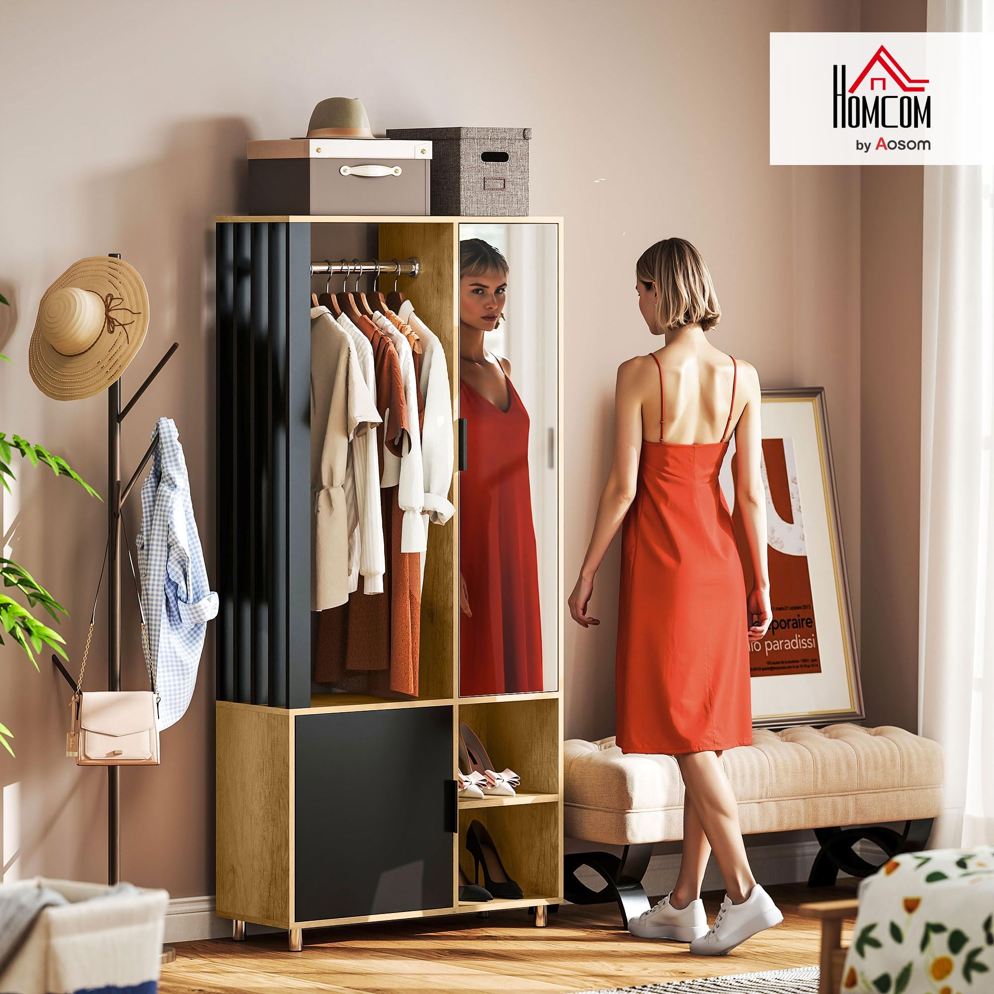HOMCOM Modern Wardrobe Bedroom Closet Storage Cabinet with Mirror, Open Compartments, Cupboard and Hanging Rail, 80 x 30 x 170 cm, Natural Wood - Image 1