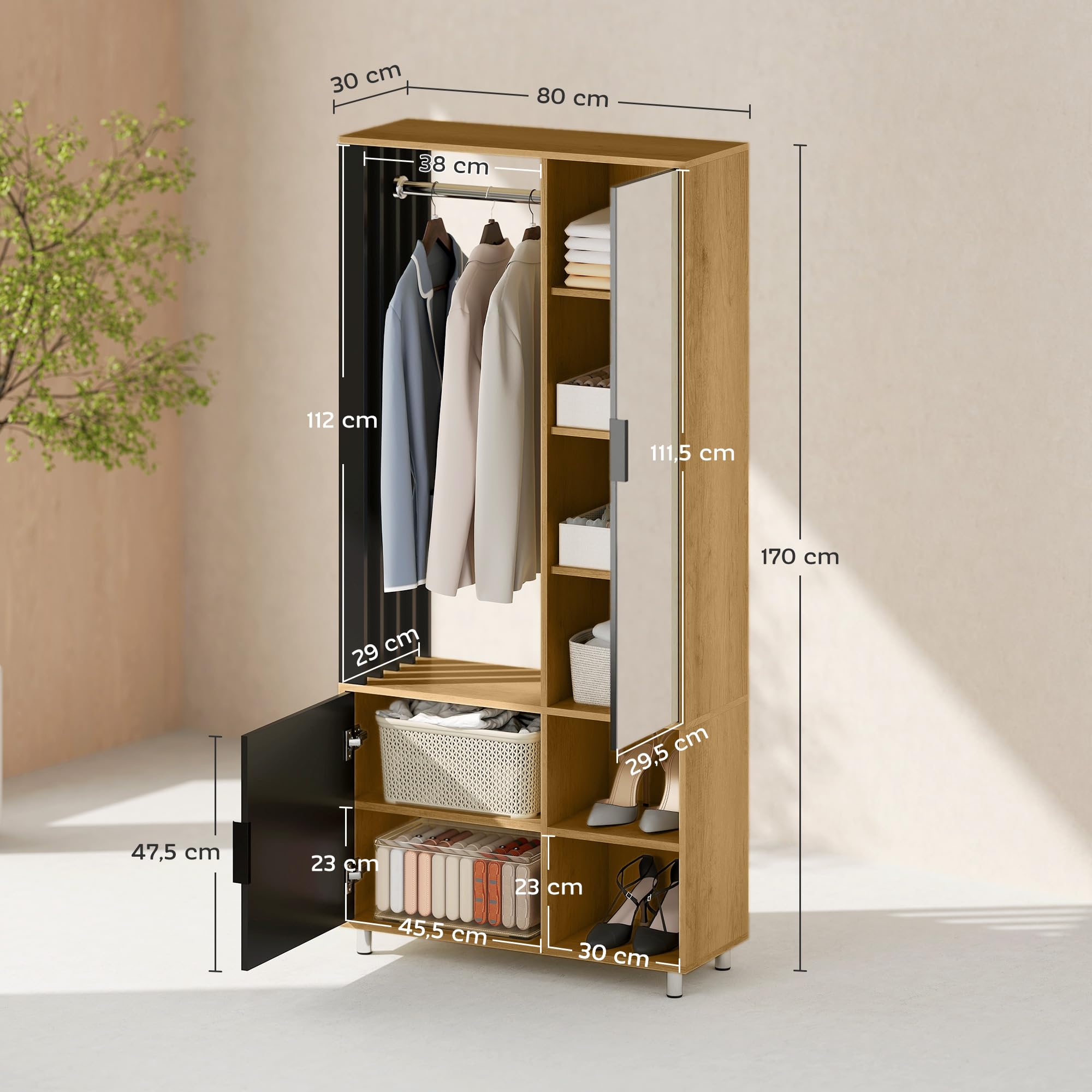 HOMCOM Modern Wardrobe Bedroom Closet Storage Cabinet with Mirror, Open Compartments, Cupboard and Hanging Rail, 80 x 30 x 170 cm, Natural Wood - Image 2