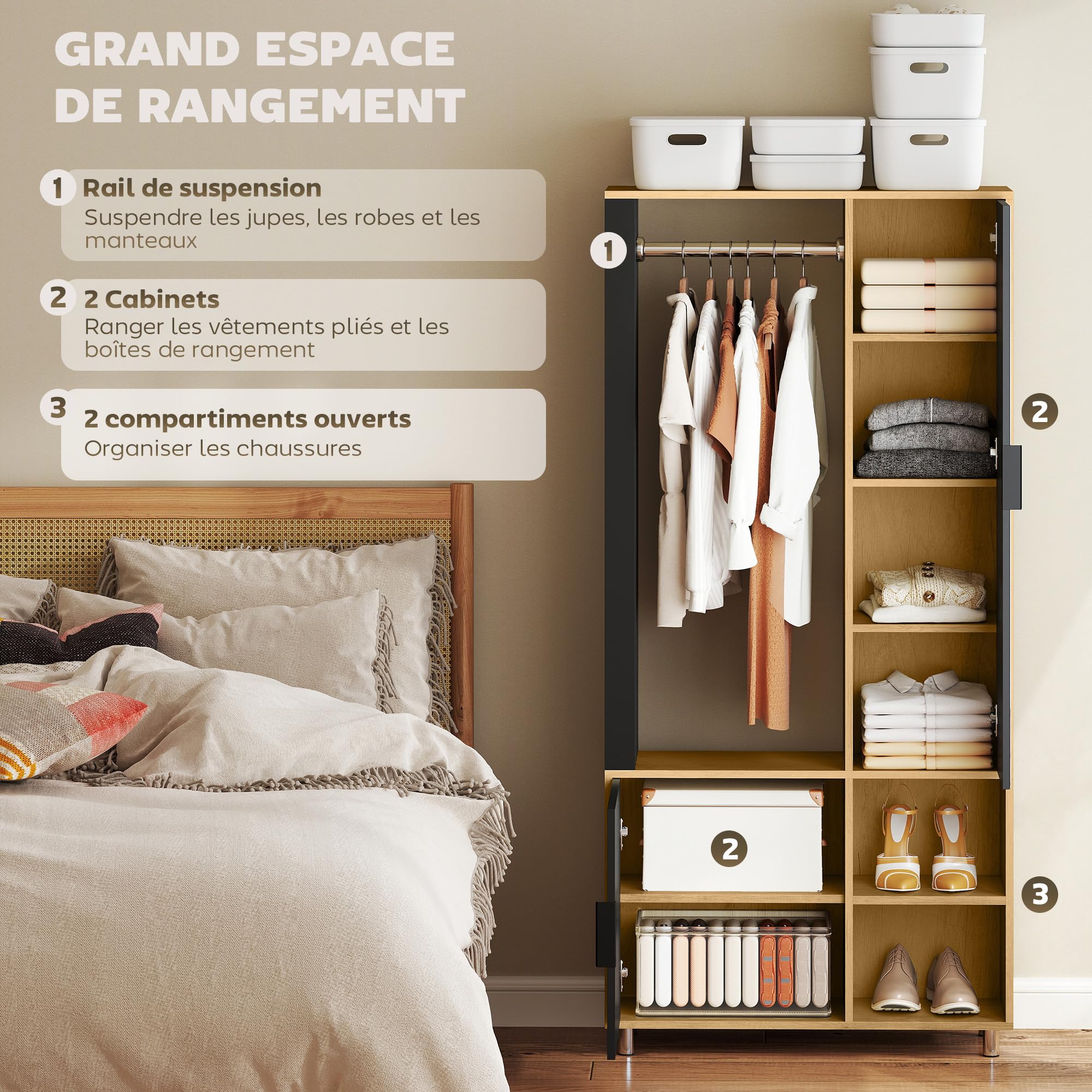 HOMCOM Modern Wardrobe Bedroom Closet Storage Cabinet with Mirror, Open Compartments, Cupboard and Hanging Rail, 80 x 30 x 170 cm, Natural Wood - Image 3