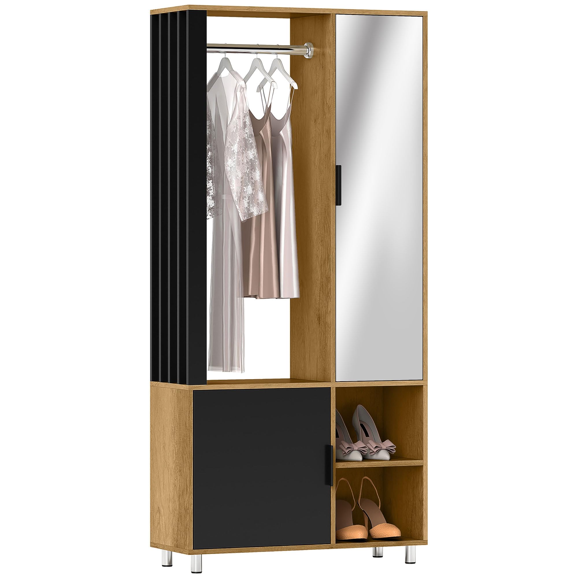 HOMCOM Modern Wardrobe Bedroom Closet Storage Cabinet with Mirror, Open Compartments, Cupboard and Hanging Rail, 80 x 30 x 170 cm, Natural Wood - Image 6