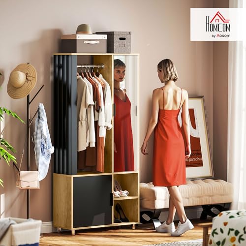 HOMCOM Modern Wardrobe Bedroom Closet Storage Cabinet with Mirror, Open Compartments, Cupboard and Hanging Rail, 80 x 30 x 170 cm, Natural Wood - Image 8