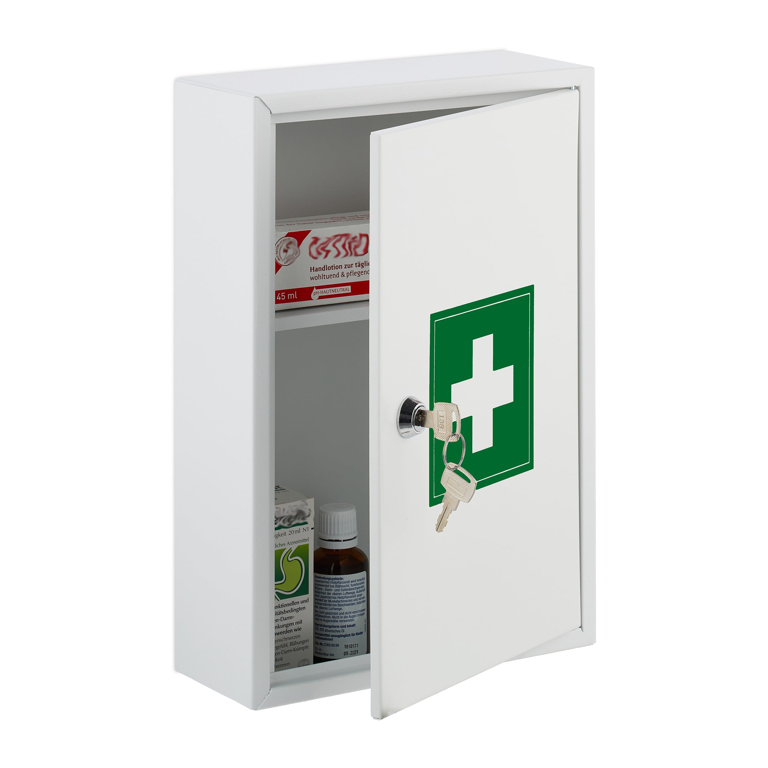 Relaxdays Medicine Cabinet, Lockable, 2 Levels, Steel, HxWxD: 32x21.5x9.5cm, Medicine Storage, White - Green - Image 1