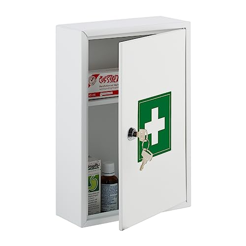 Relaxdays Medicine Cabinet, Lockable, 2 Levels, Steel, HxWxD: 32x21.5x9.5cm, Medicine Storage, White - Green - Image 7