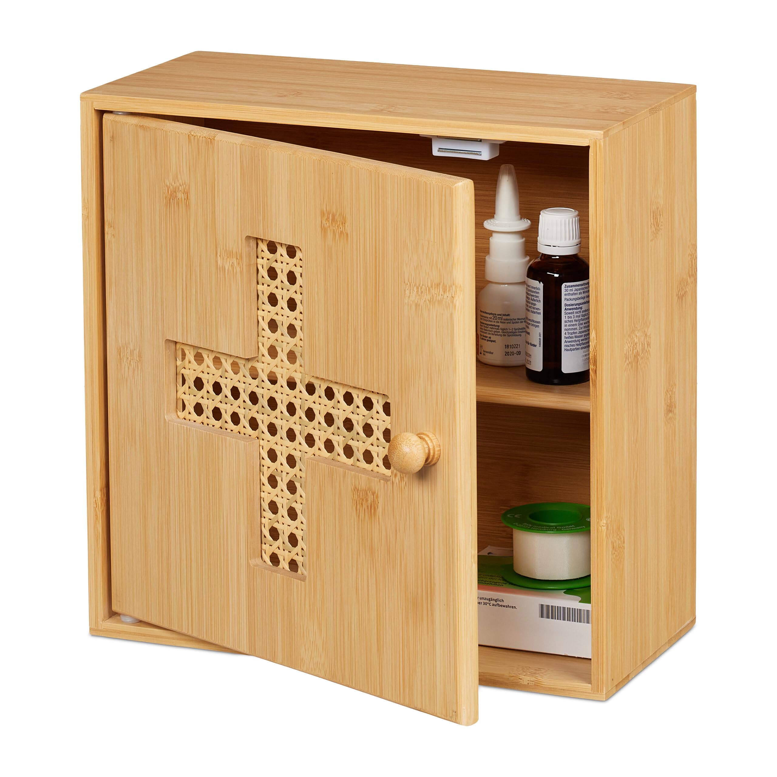 Relaxdays Medicine Cabinet with 2 Compartments, Decorative Cross, Height x Width x Depth: Approx. 28 x 28 x 16 cm, Natural - Image 1