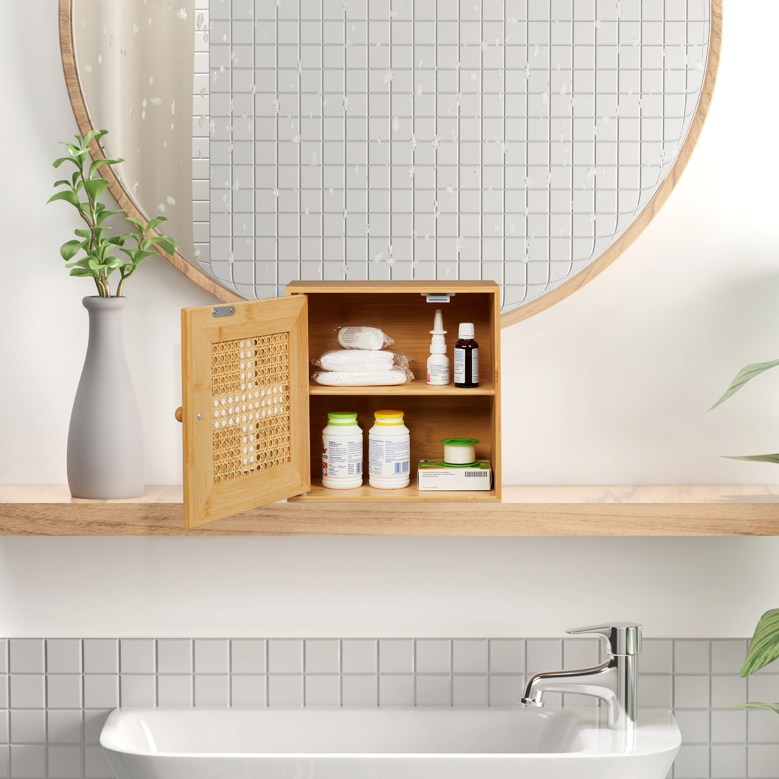 Relaxdays Medicine Cabinet with 2 Compartments, Decorative Cross, Height x Width x Depth: Approx. 28 x 28 x 16 cm, Natural - Image 2