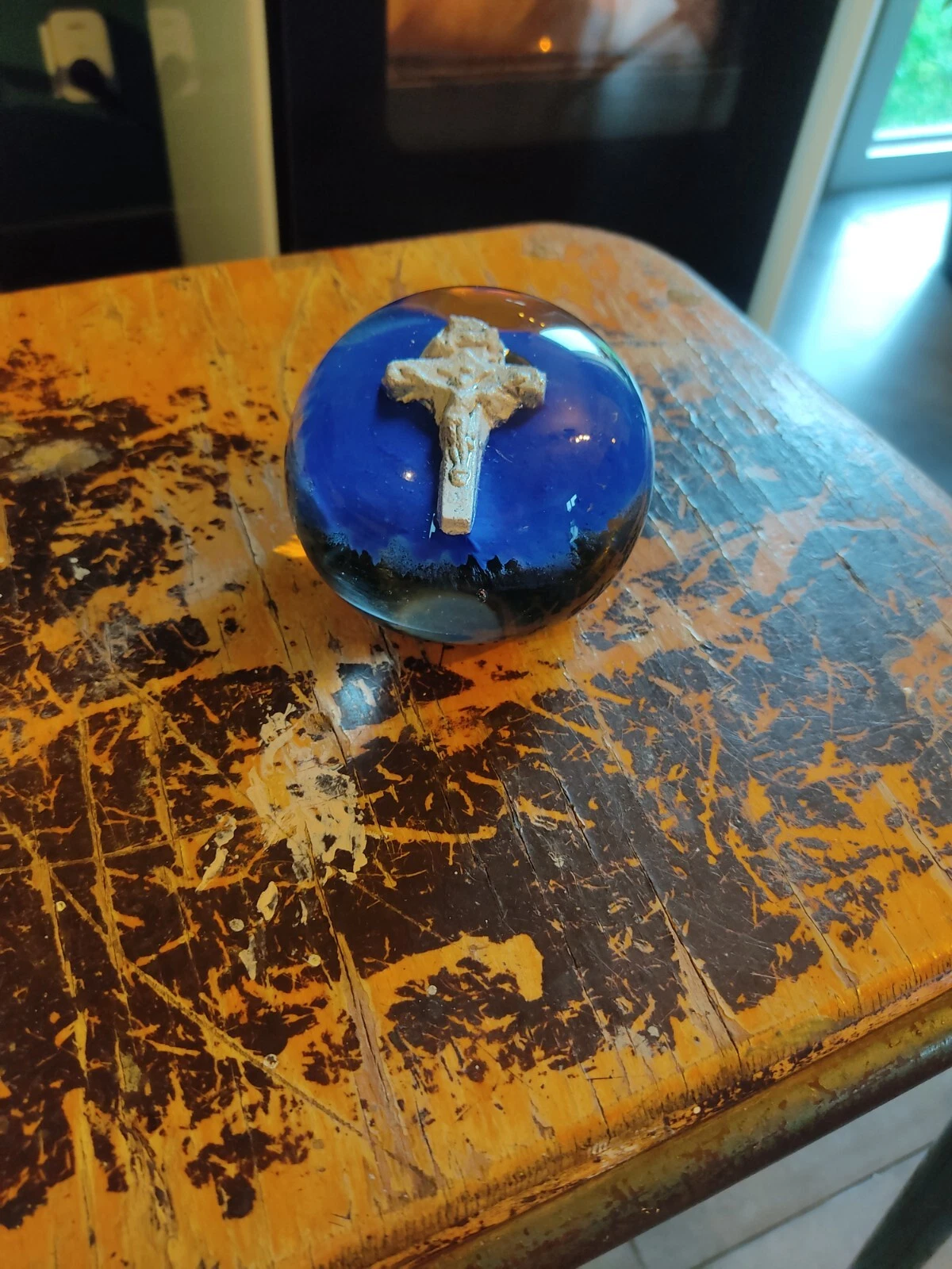 Ancien sulfure presse papier verre Cabinet Curiosité Crucifix Croix Curiosa Art - Image 2