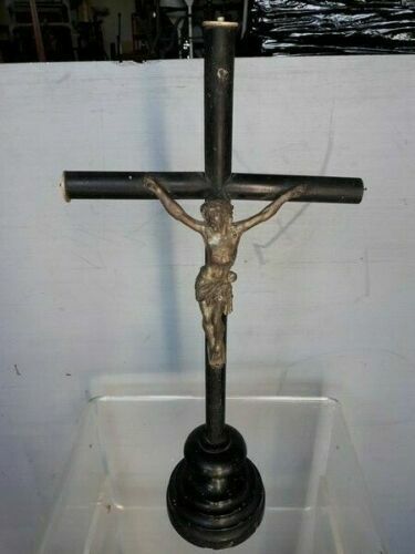 Ancien Crucifix d'Autel Bois doré et Étain - Image 14