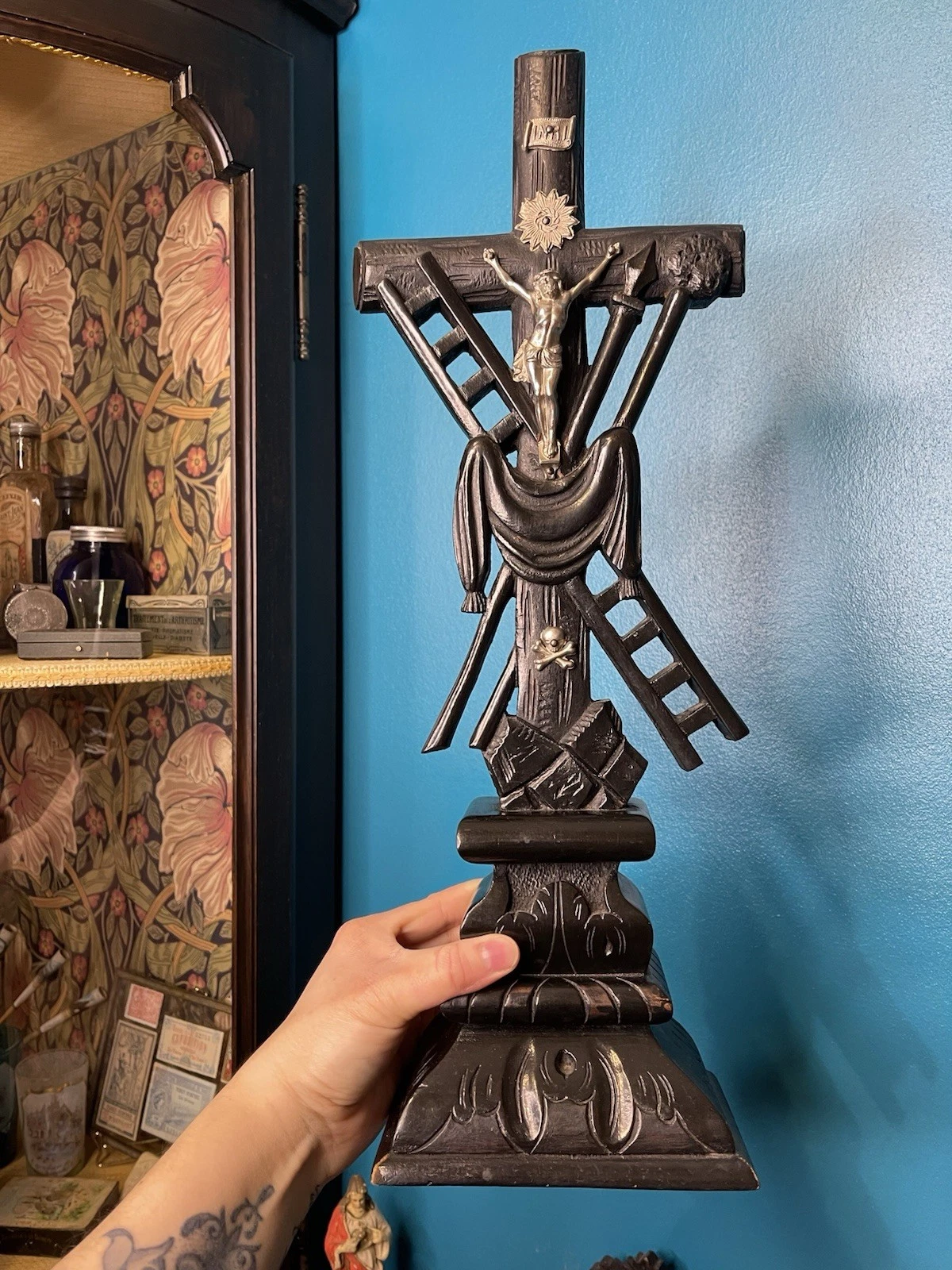 Très Grand Crucifix D’Autel Croix De La Passion Napoléon 3 Bois Noir 46cm Haut - Image 2