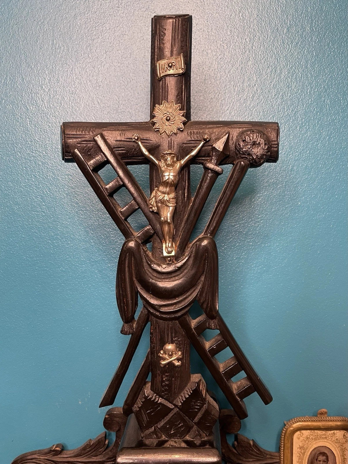 Très Grand Crucifix D’Autel Croix De La Passion Napoléon 3 Bois Noir 46cm Haut - Image 3