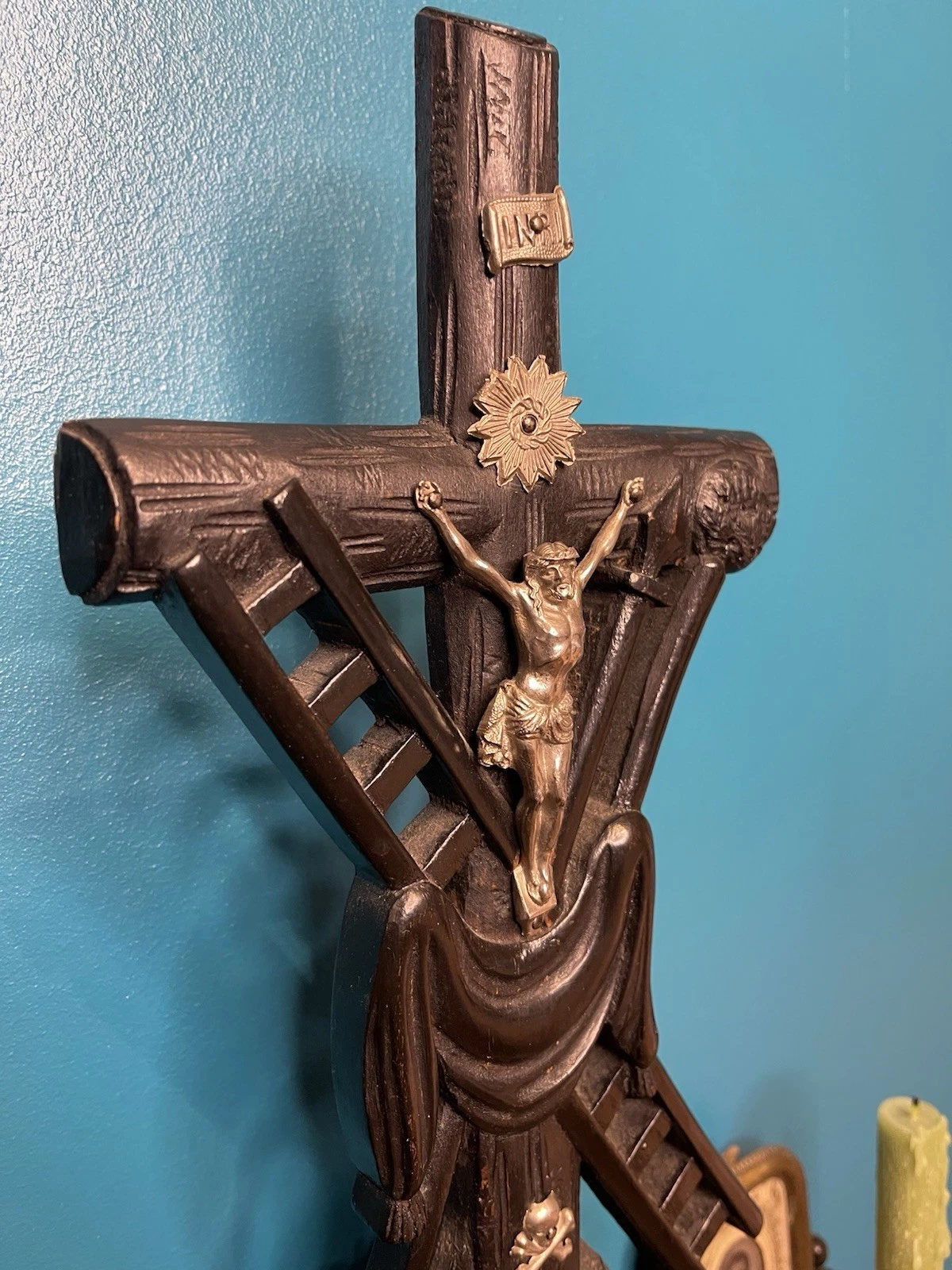 Très Grand Crucifix D’Autel Croix De La Passion Napoléon 3 Bois Noir 46cm Haut - Image 6