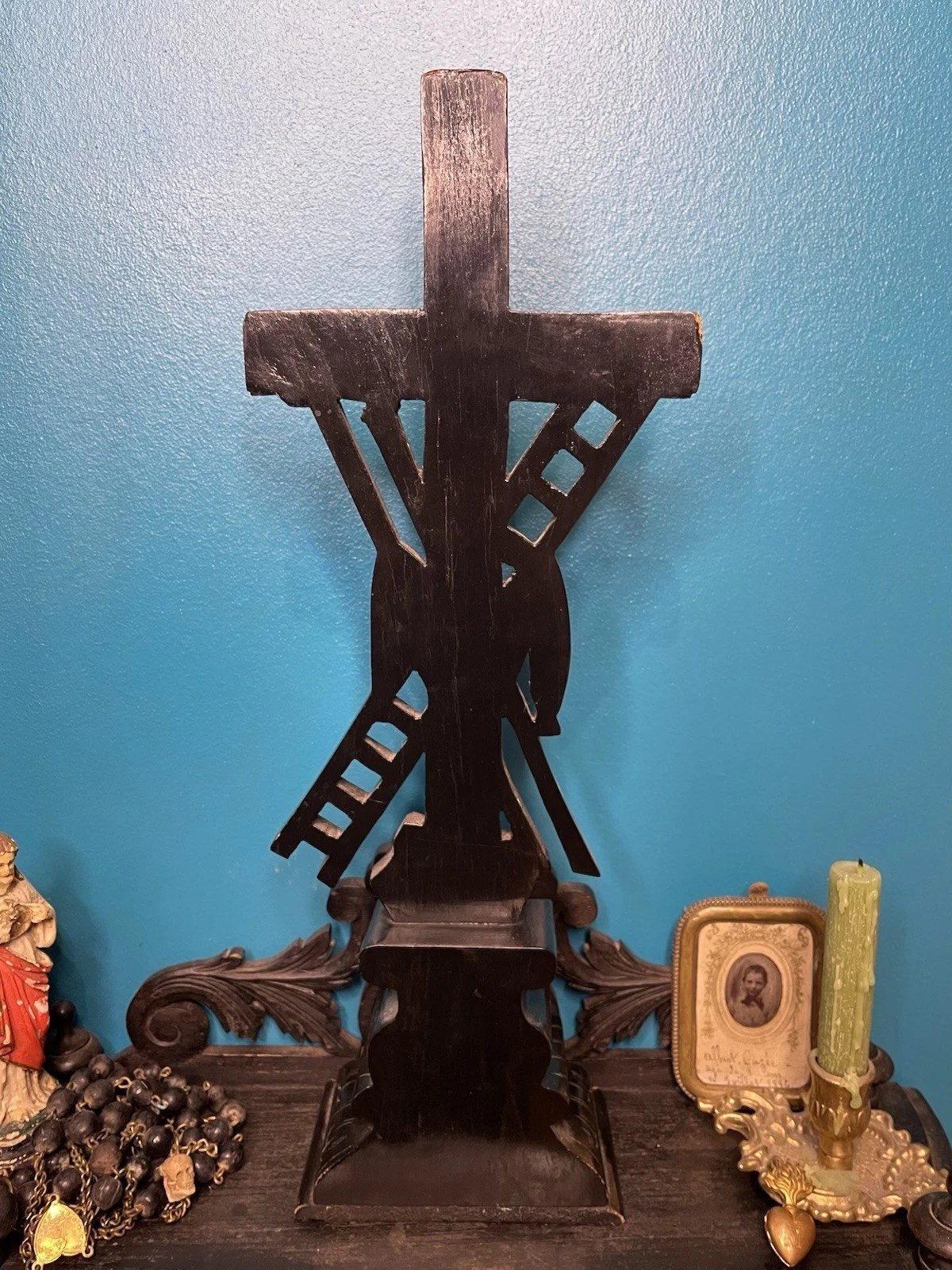 Très Grand Crucifix D’Autel Croix De La Passion Napoléon 3 Bois Noir 46cm Haut - Image 7