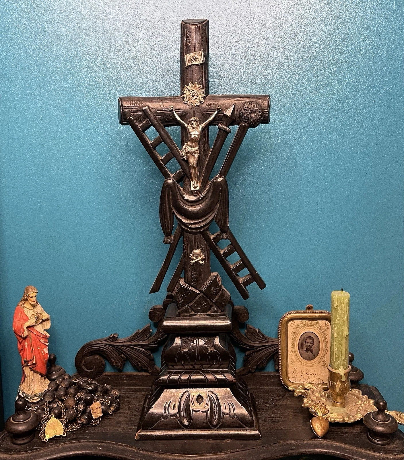 Très Grand Crucifix D’Autel Croix De La Passion Napoléon 3 Bois Noir 46cm Haut - Image 10