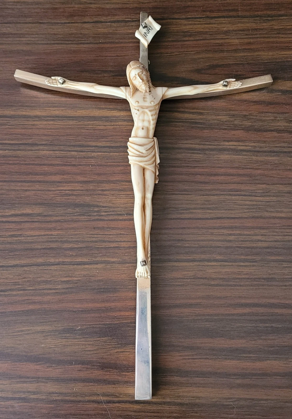 ​Christ Sculpté Ancien sur Croix Argent Massif Poinçonné 160 g - 28 cm #K22 - Image 1