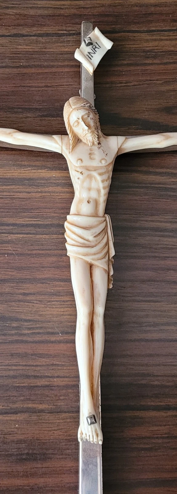 ​Christ Sculpté Ancien sur Croix Argent Massif Poinçonné 160 g - 28 cm #K22 - Image 2