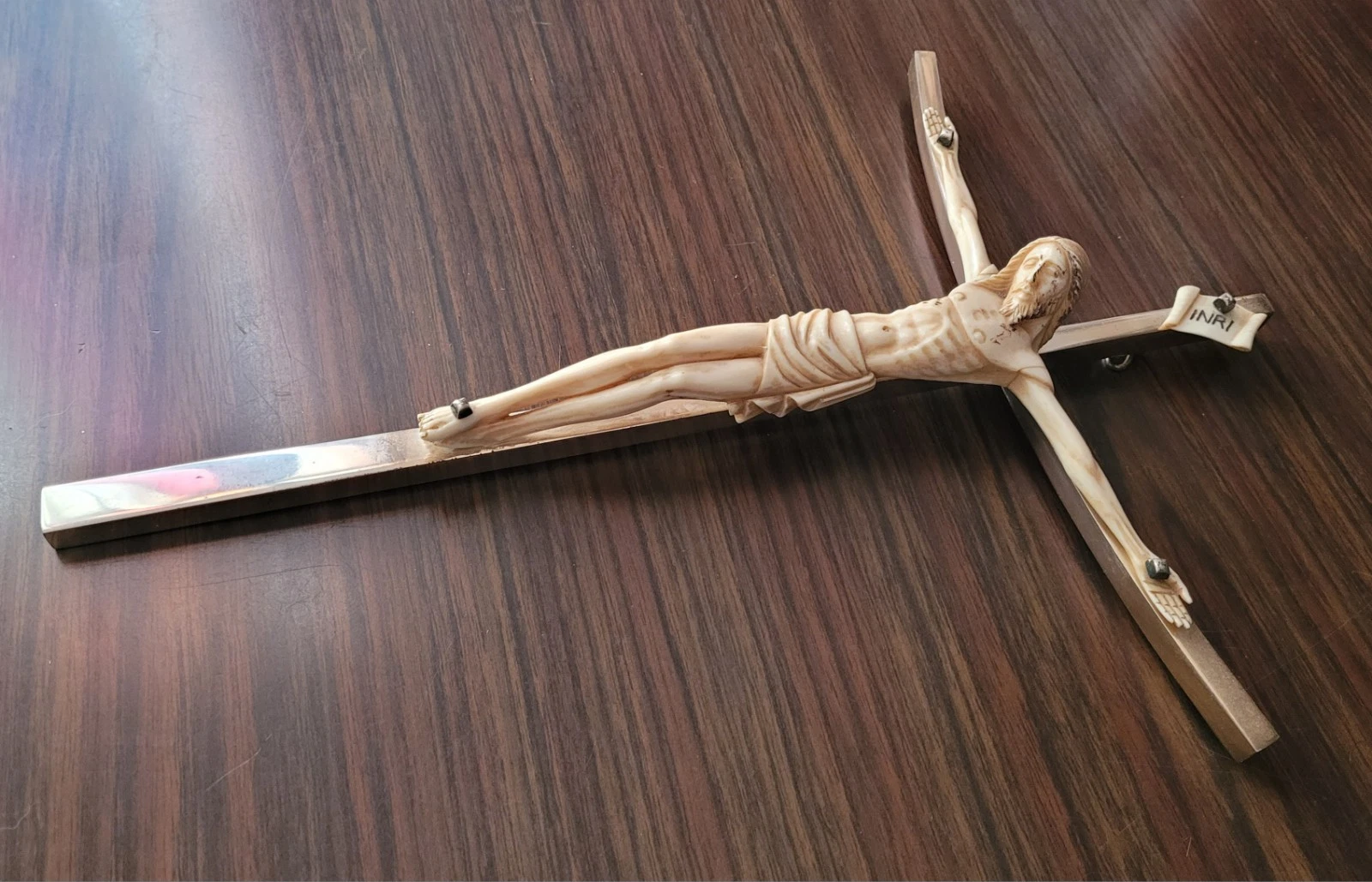 ​Christ Sculpté Ancien sur Croix Argent Massif Poinçonné 160 g - 28 cm #K22 - Image 5