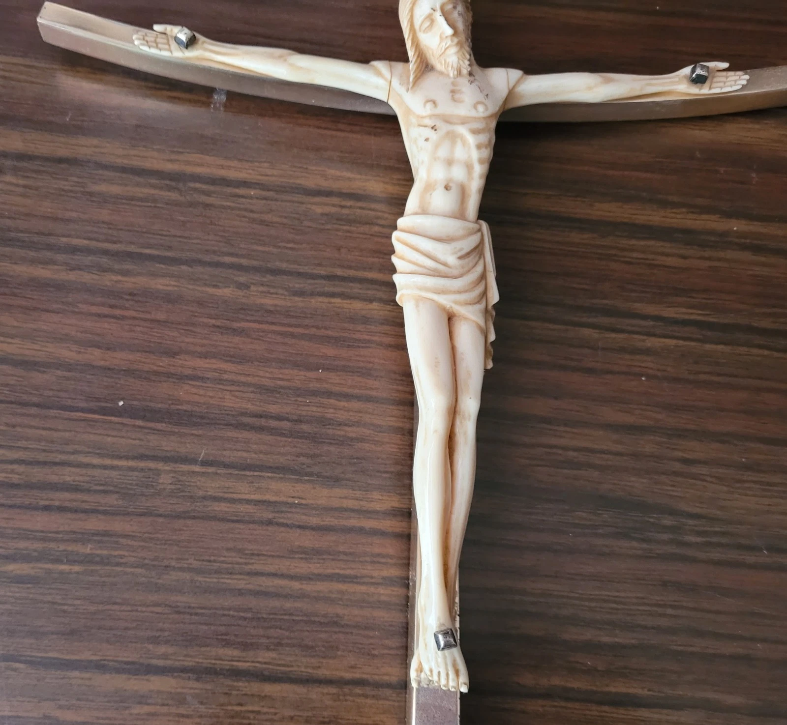 ​Christ Sculpté Ancien sur Croix Argent Massif Poinçonné 160 g - 28 cm #K22 - Image 7