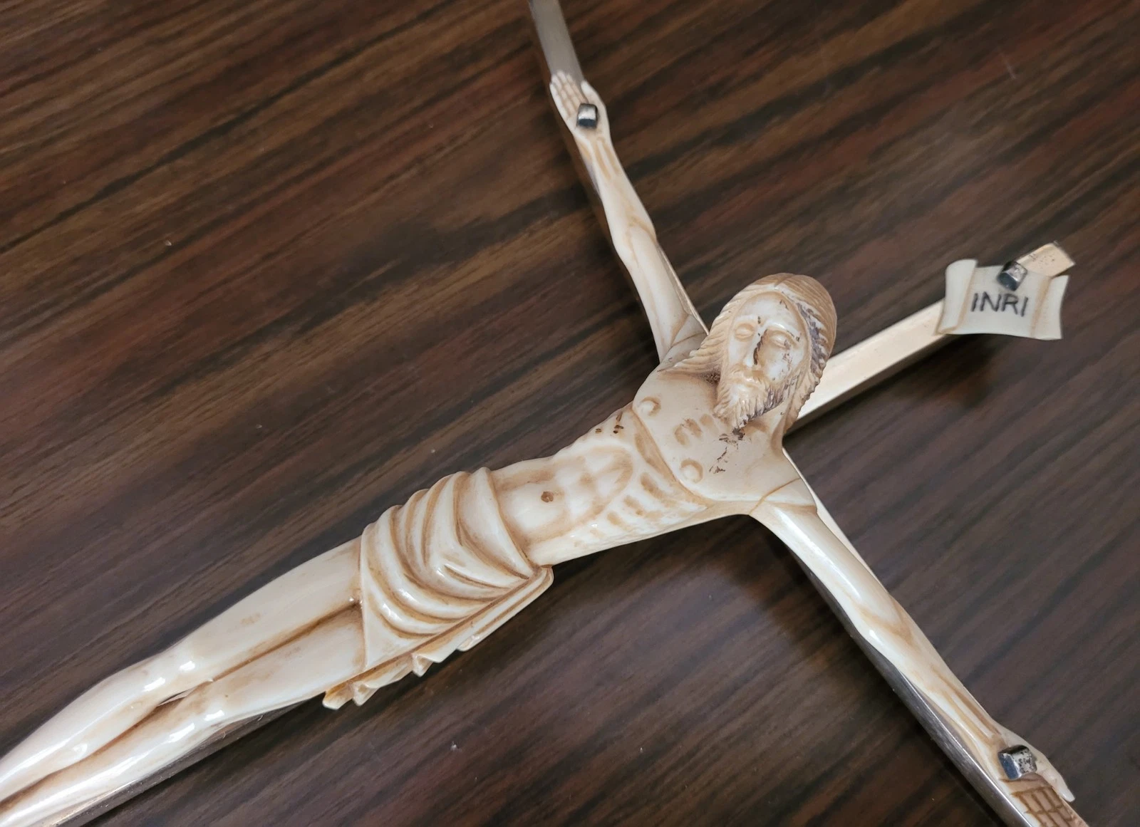 ​Christ Sculpté Ancien sur Croix Argent Massif Poinçonné 160 g - 28 cm #K22 - Image 10
