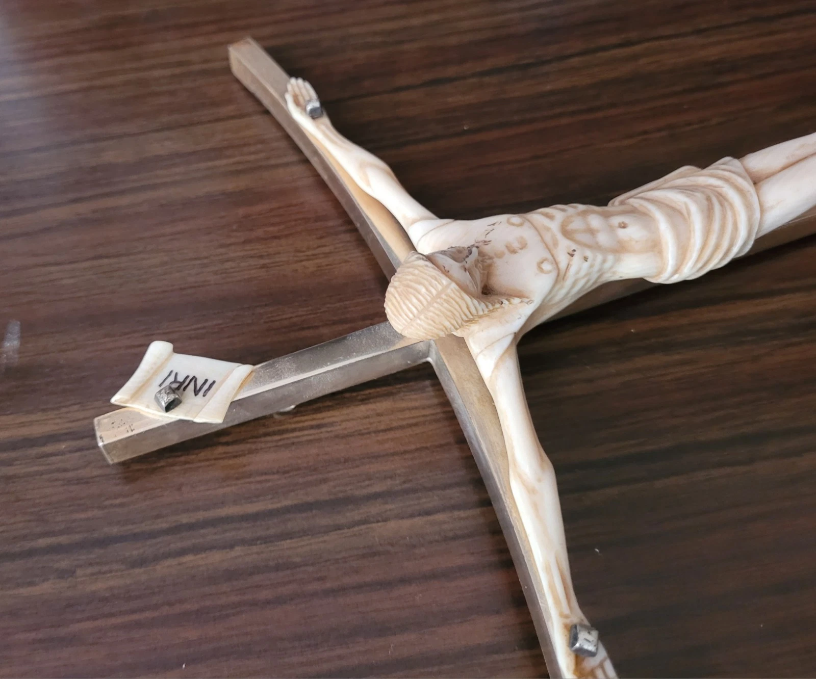 ​Christ Sculpté Ancien sur Croix Argent Massif Poinçonné 160 g - 28 cm #K22 - Image 11